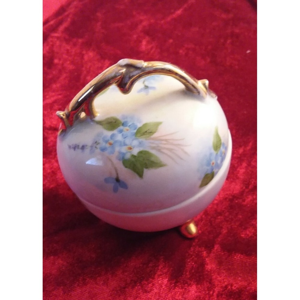 Vintage Porcelain Hand Painted Floral Round Footed Trinket Dish Lid Signed 1971